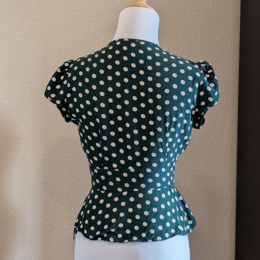 Trashy Diva Green Polka Dot Peplum Top XS Puff Sleeve Side Zip - Picture 2 of 4